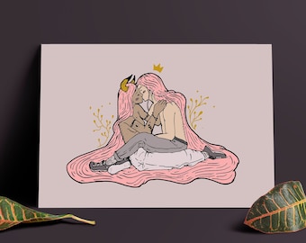 The Lover's Kiss Art Print, Pink Love Illustration, Wall Decor Design Gift