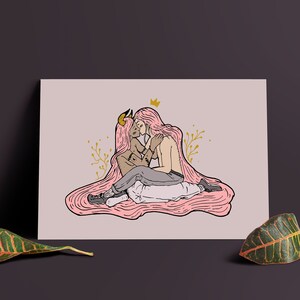 The Lover's Kiss Art Print, Pink Love Illustration, Wall Decor Design Gift image 1