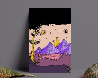 Purple Mountain Art Print, Alien Nature Landscape Illustration, Explore Wall Decor