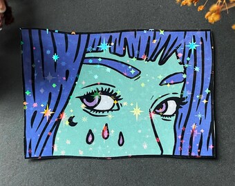 Green Cry Baby Girl Comic Book Eye Sticker Holographic Waterproof Vinyl