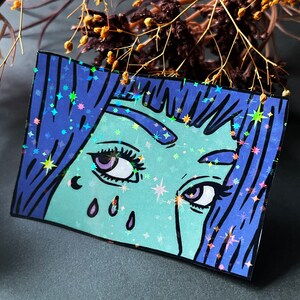 Green Cry Baby Girl Comic Book Eye Sticker Holographic Waterproof Vinyl image 2