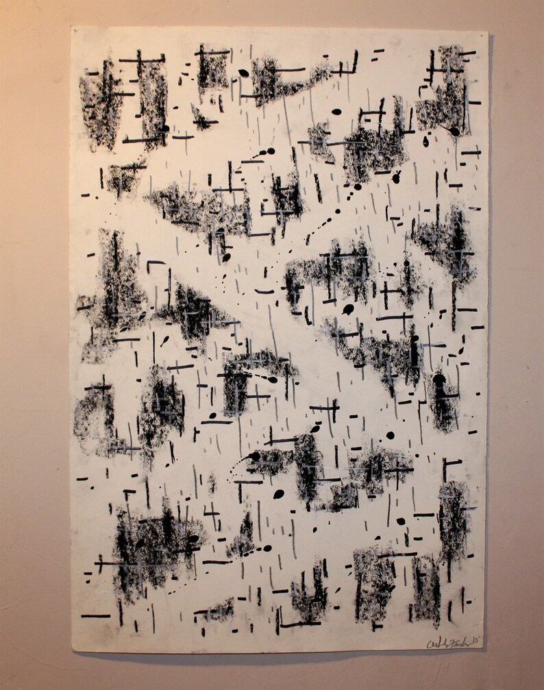 May include: Abstract painting on canvas with a white background and black markings. The artwork features a series of vertical and horizontal lines, along with scattered dots and shapes. The artist's signature is in the bottom right corner.
