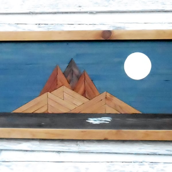 moon over island, recycled wood art, wall decor, reclaimed wood art, upcycled wood art, primitive decor art, cabin art, island moon art