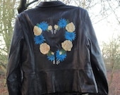 Hand painted cream rose and blue thistle leather jacket