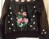 Hand painted bespoke leather jacket - white stars and pink roses, for age 10.