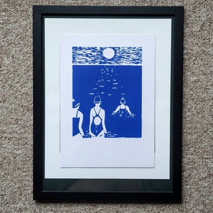 Original lino print. Cold water sea swimming in blue. Worthing in Blue image 4