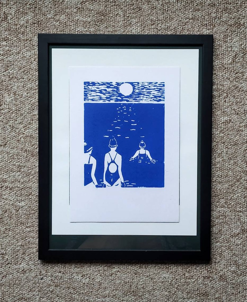 Original lino print. Cold water sea swimming in blue. Worthing in Blue image 4