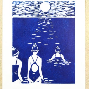 Original lino print. Cold water sea swimming in blue. Worthing in Blue image 1