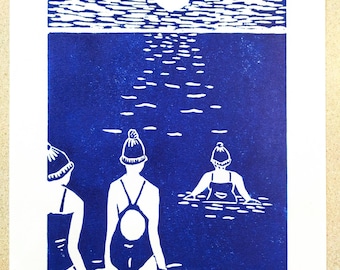 Original lino print. Cold water sea swimming in blue. Worthing in Blue