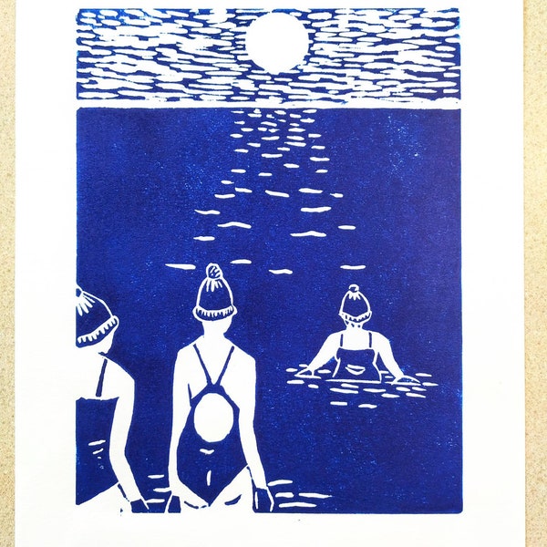 Original Linoldruck. Kaltes Meer schwimmt in blau. Innenstoff in Blau