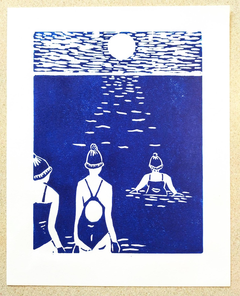 Original lino print. Cold water sea swimming in blue. Worthing in Blue image 1