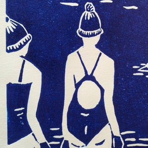 Original lino print. Cold water sea swimming in blue. Worthing in Blue image 2