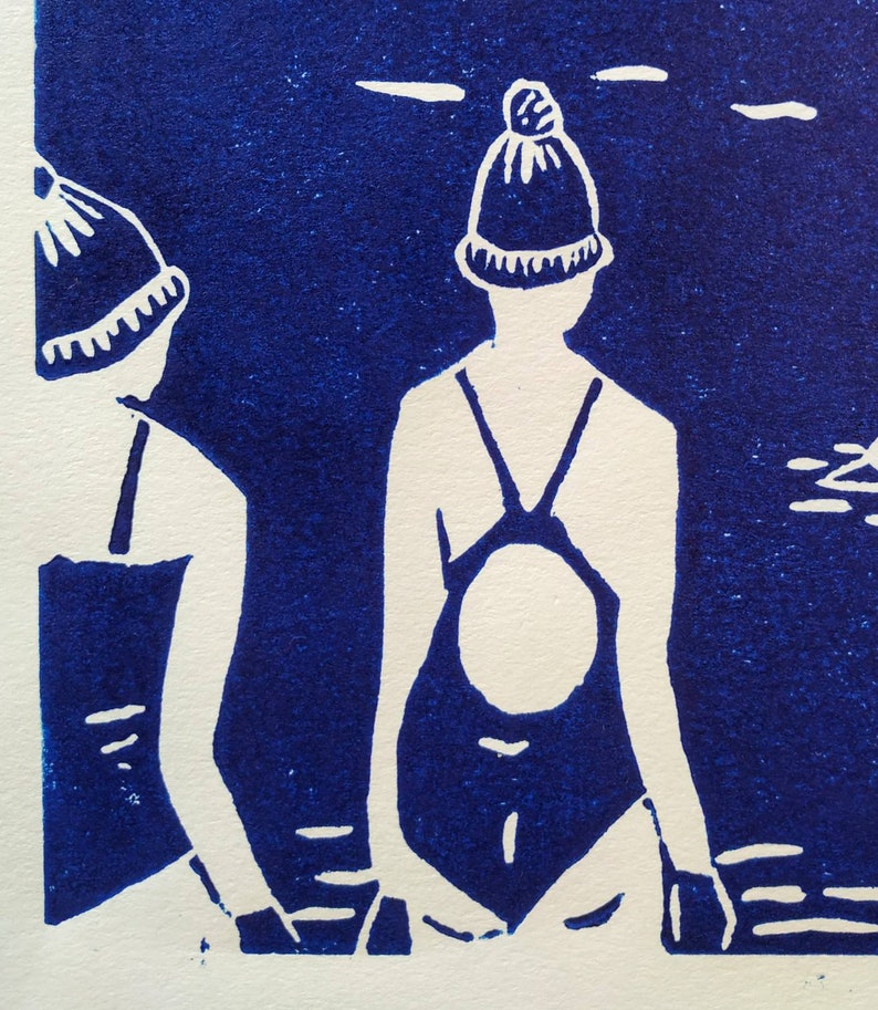 Original lino print. Cold water sea swimming in blue. Worthing in Blue image 2