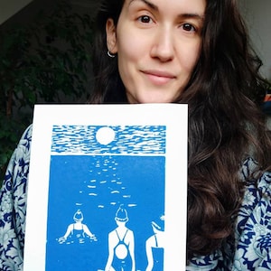 Original lino print. Cold water sea swimming in blue. Worthing in Blue image 5