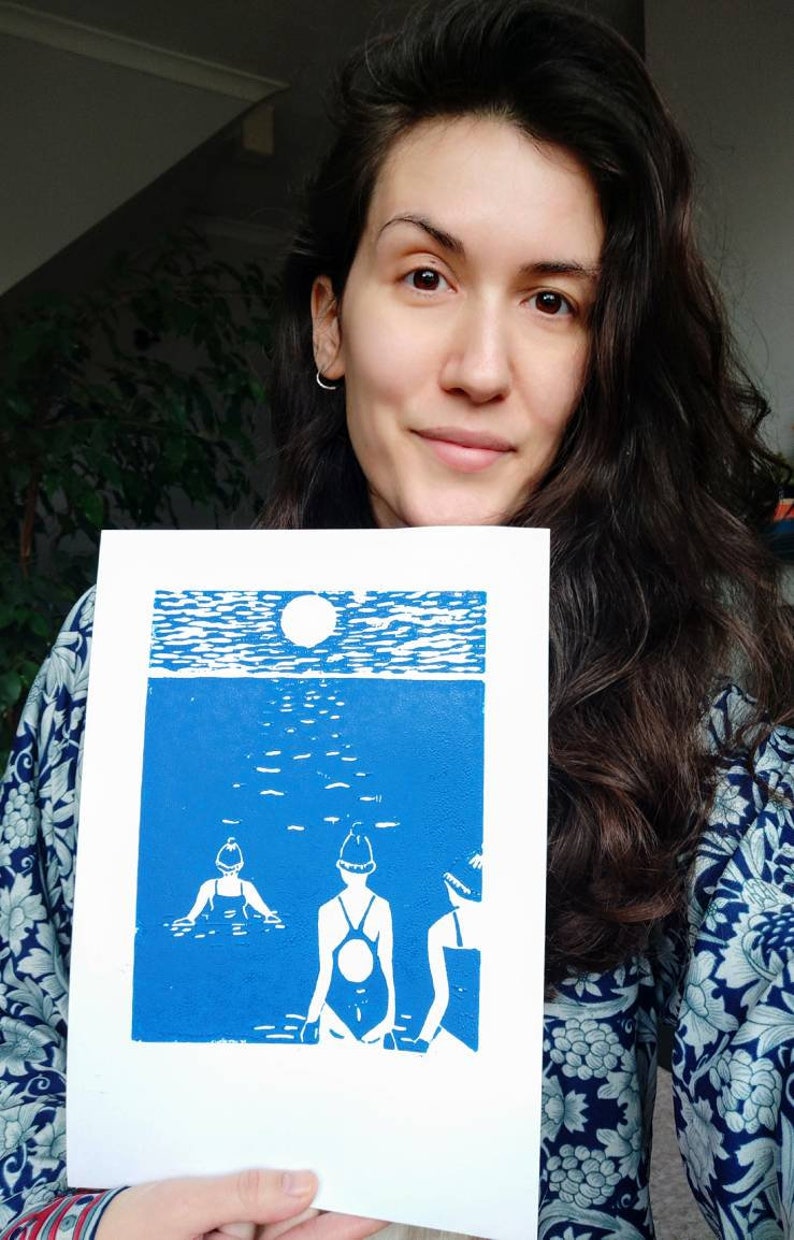 Original lino print. Cold water sea swimming in blue. Worthing in Blue image 5