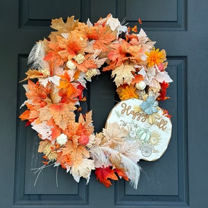 Fall wreath, Happy fall leaf and pumpkin front door decor,  thanksgiving decoration