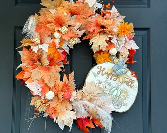 Fall wreath, Happy fall leaf and pumpkin front door decor,  thanksgiving decoration