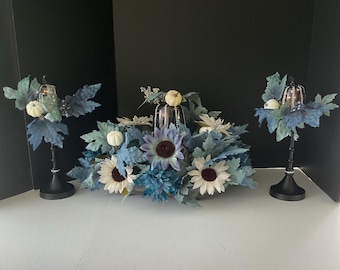 Fall table centerpiece, and candle sticks,lighted pumpkins