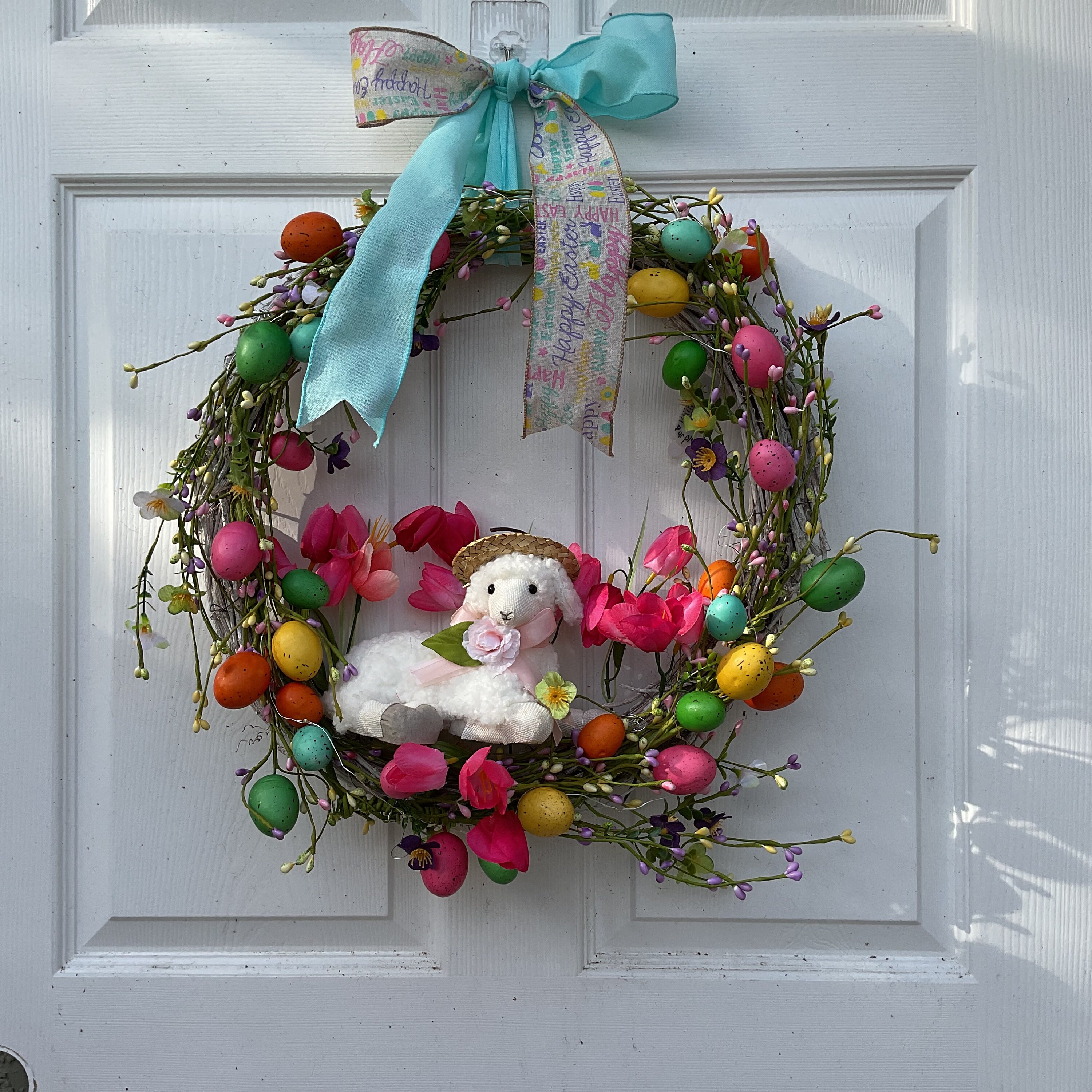 Easter egg wreath with lamb, lighted door decoration, Easter lamb
