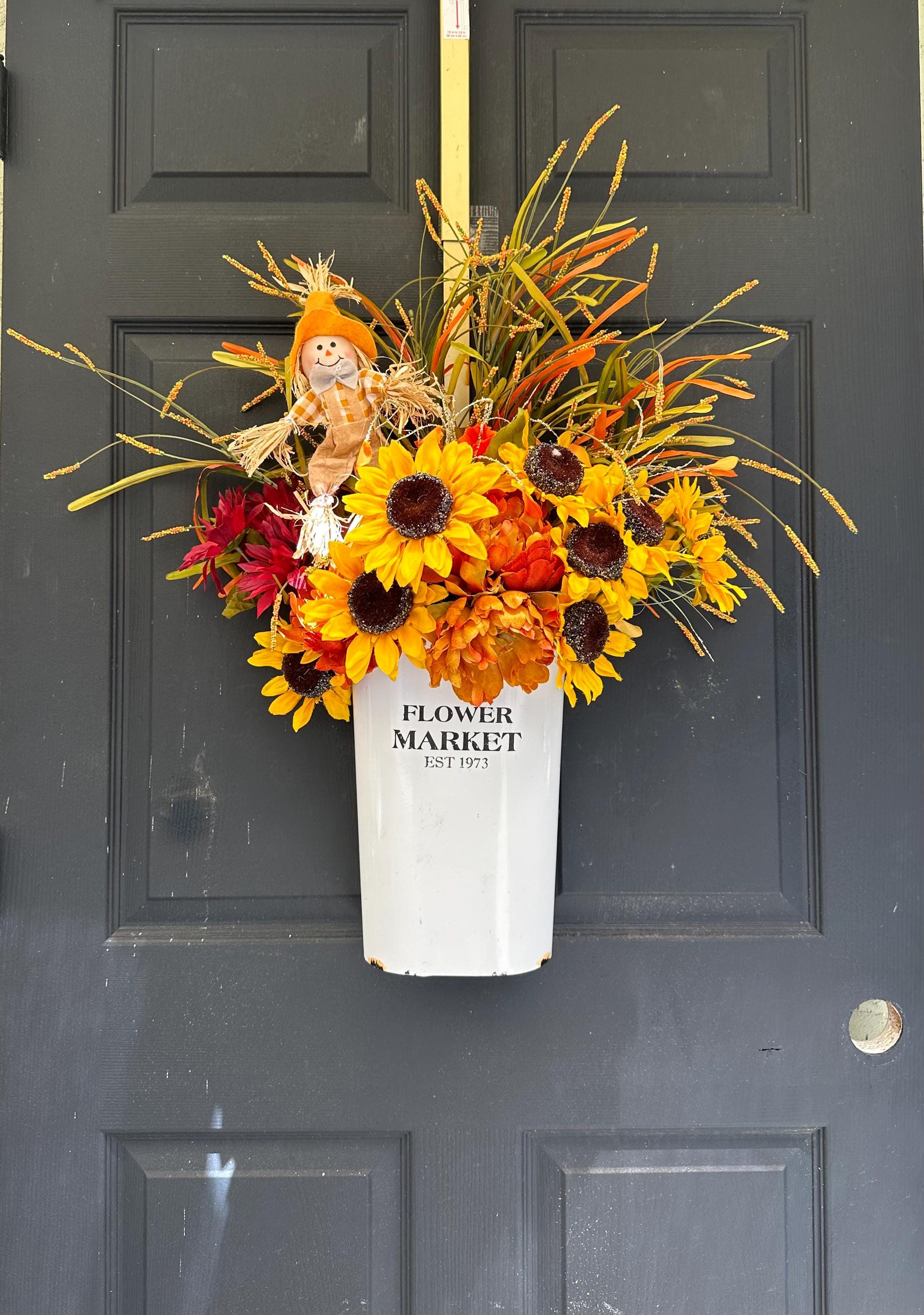 Fall door basket wreath, rustic farmhouse market basket
