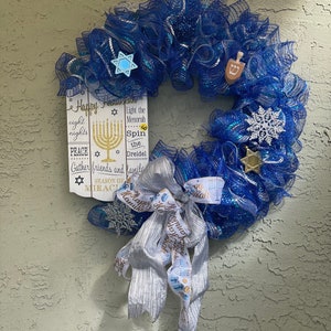Hanukkah Chanukah blue and silver deco mesh wreath