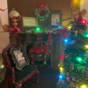 Christmas lighted lantern miniature room with lighted fireplace  large bow
