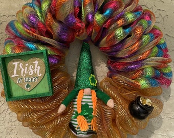 St Patrick&#39;s Day Rainbow Gnome Wreath, Deco Mesh St Patricks Day Door Wreath, Irish Wreath, Irish Gifts, St Paddy&#39;s Gifts, Gnome Gifts