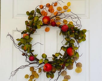 Fall apple wreath, front door decor,  country cottage style