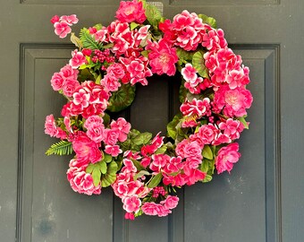 Pink Geranium wreath, door decor, summer floral