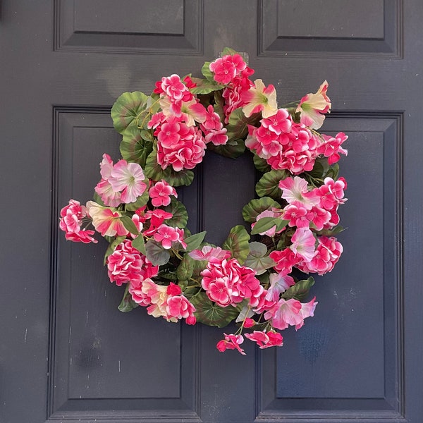 Geranium wreath, front door decor, pink and white geraniums and morning glory, summer home decoration, mothers gift