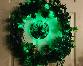 Saint Patrick’s day wreath, lighted shamrock Irish decor for front door, wall or porch, Irish gift