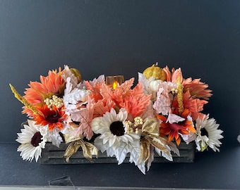 Fall thanksgiving floral table arrangement centerpiece with led candle, elegant with a touch of rustic charm