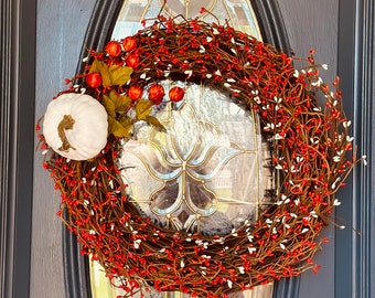Fall orange berry wreath for door, wall or porch, anywhere it can hang