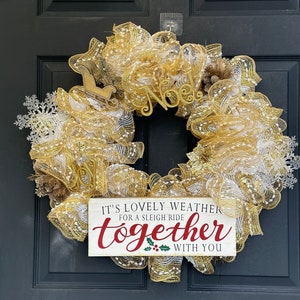Ghirlanda natalizia in oro e bianco, giro in slitta insieme, decorazione della porta d&#39;ingresso, decorazione del portico, decorazione da parete in rete decorativa, idea regalo speciale