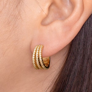 18K Gold Plated Triple Hoop Earrings - Chunky Huggie Hoops - CZ Huggies - Diamond Pave Pavé Loops - Sparkly Lobe Party Gift Ideas for Women
