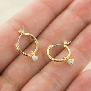 18K Gold Plated Opal Huggie Hoop Earrings - Small Solitaire Opal CZ Charm Huggies - Dangle Drop Hoops - Lobe Hug - Created Opal Earrings