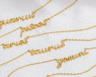 Zodiac Script Necklace - Horoscope Word Pendant - Gold & Silver Tone Astrology Letter Necklace - Personal Bridesmaids Friendship Gift Ideas