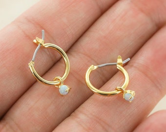 18K Gold Plated Opal Huggie Hoop Earrings - Small Solitaire Opal CZ Charm Huggies - Dangle Drop Hoops - Lobe Hug - Created Opal Earrings