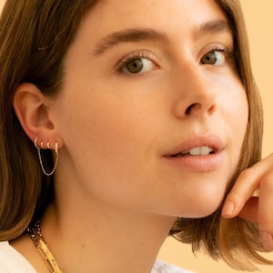18K Gold Plated - CZ Pavé Double Chain Linked Hoop Earrings - Plain Two Huggie Chain Earrings - One Side Chain Link Hoops - Casual Everyday