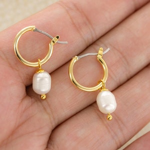 Genuine Freshwater Pearl Earrings - Pearl Charm Hoop Earrings - Pearl Dangle Drop Huggie Earrings - Gold - Silver Hoops - Pearl Drops