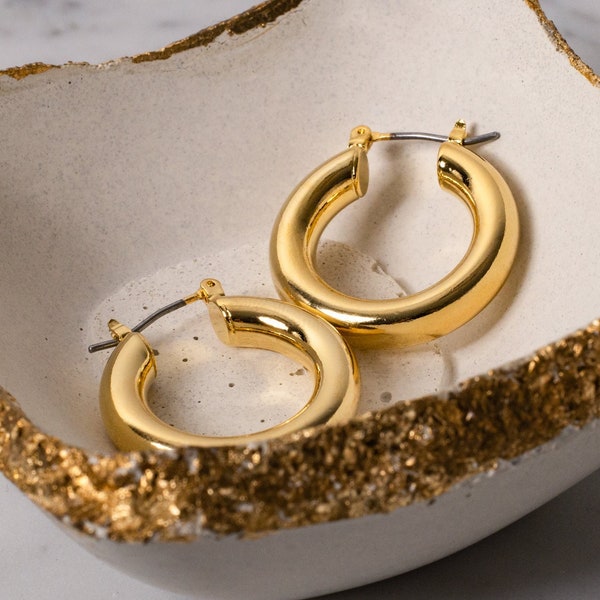 18K Gold Plated Round Hoop Earrings - Small Everyday Hoops - Minimal Circle Loop Earrings - Simple Plain Dome Hoops - Gift Ideas for Women