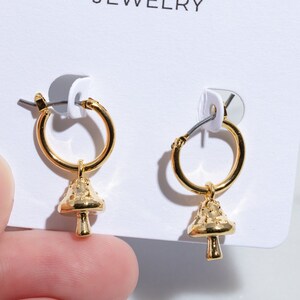 Cute Gold Plated Mushroom Drop Earrings - Small Huggie Hoops with Spotted Mushroom Charm - Toadstool Jewelry Gift Ideas for Women - for Her