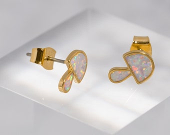18K Gold Plated Opal Inlay Mushroom Stud Earrings - Flat Toadstool Post Studs - Cute Small Opal Jewelry - Gift Ideas for Women - for Her