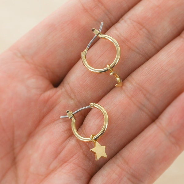 Moon and Star Charm Huggie Earrings - Dainty Gold Hoops - Simple Silver Huggies - Star and Moon Pendant Sleepers - Casual Everyday Jewelry