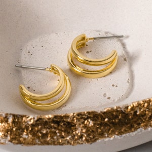 18K Gold Plated Double Hoop Earrings - Simple Everyday Duet Hoops - Small Thin Hug Huggies - Minimal Crescent Stack Layer Huggie Earrings
