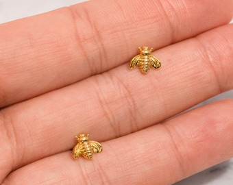 Cute 18K Gold Plated Bee Stud Earrings - Small Gold Post Studs - Casual Lobe Stack Layer Everyday Posts - Gift Ideas for Women - for Her