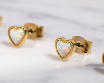 Small 18K Gold Plated Opal Heart Stud Earrings - Adorable Balloon Inlay Opal Post Studs - Cute Stack Layer Jewelry - Gift Ideas for Women