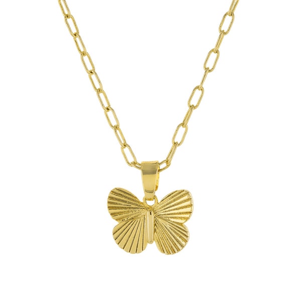 Cute 18K Gold Plated Butterfly Pendant Necklace - Thin Paperclip Chain - Small Textured Butterfly Charm - Everyday Spring Jewelry for Her