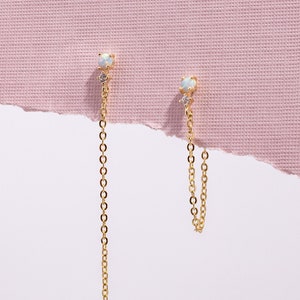 Opal and CZ Stud Chain Earrings - Dainty Gold Plated Chain Hoop Earring - Small Dot Studs - Iridescent Sparkle Post Drop - Gift Idea for Her