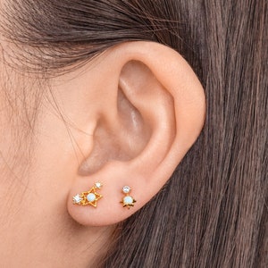 Opal and CZ Stud Earrings - 18K Gold Plated Cute Small Sun Post Earrings - Starburst Helix Earrings - Lobe Studs - Gift Ideas for Women Her